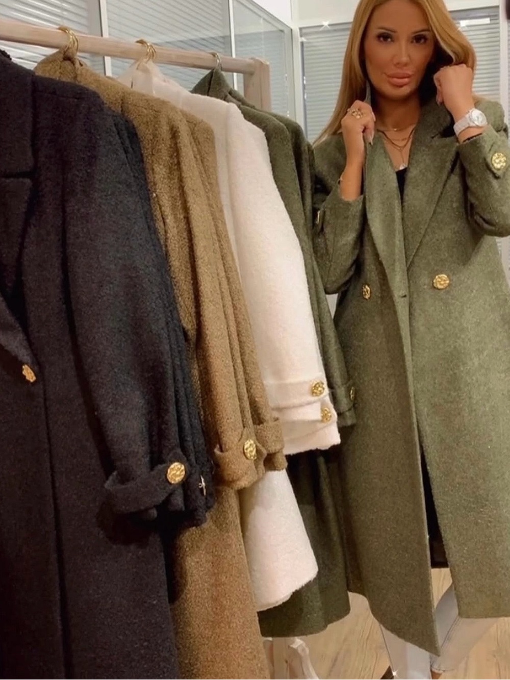 Double-Breasted Wool-Blend Trench Coat in Olive Green